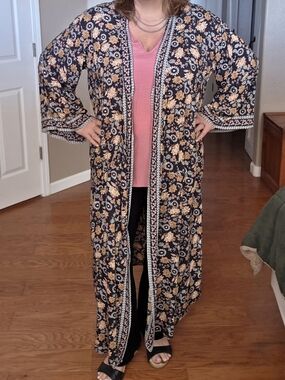 Natural Life Long Floral Kimono Duster in Black and Tan